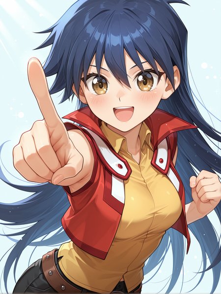 saotome rei,1girl,duel academy uniform \(yu-gi-oh! gx\),solo,open mouth,smile,looking at viewer,simple background,blue background,blush,medium breasts,:d,red vest,black shorts,brown belt,pointing at viewer,yellow sleeveless shirt,
masterpiece,best quality,amazing quality,very aesthetic,absurdres,newest,scenery,extreme detail,8k,light particles,soft lighting,volumetric lighting,intricate details,finely detailed,detailed eyes,<lora:Saotome Rei illusXL v1:0.73>,