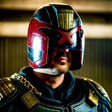 cinematic film still of  <lora:Judge Dredd:1>
Judge Dredd a man in a helmet and a chain around his neck, shallow depth of field, vignette, highly detailed, high budget, bokeh, cinemascope, moody, epic, gorgeous, film grain, grainy