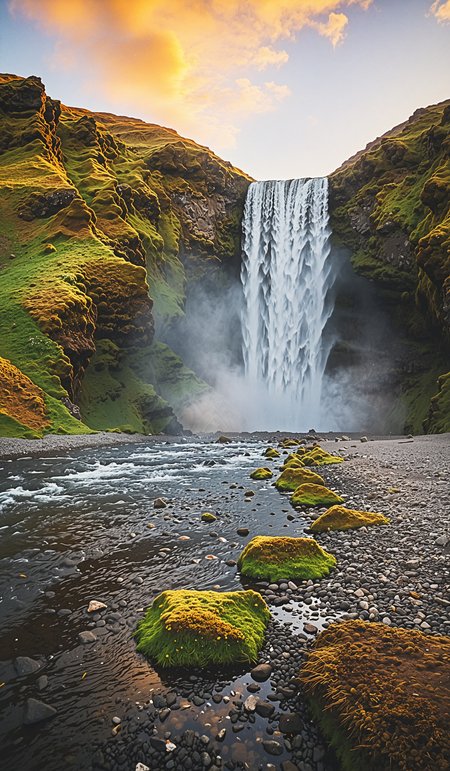 Dramatic summer sunrise on Skogafoss Waterfall. Fabulous morning landscape of Skoga river. Gorgeous outdoor scene of Iceland, Europe, split lighting, award-winning, selective focus. Dramatic unusual scene. Beauty world. Retro filter and vintage style. Instagram toning effect, breathtaking photograph, lensflare and bokeh effects, heavy film grain, shot on kodachrome with post-processing artifacts, reflecting particle effects, slight double exposure
