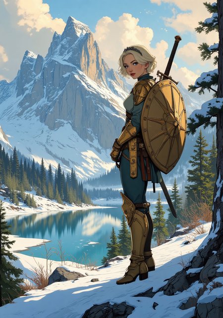 Anime art, Full-length, gorgeous fantasy blonde, naturally straight short platinum hair, tiara, tight golden armor, standing on a hill. Full, high breasts, tight waist, round thighs, blue eyes, no blush. Backdrop of fantasy highlands in winter, bright and cold winter colors, icy lakes and wooded areas, mixture of evergreen and deciduous, pixie hairstyle, diffused lighting, determined facial expression, intricate armor details. Sword and Shield on back.<lora:aidmaMJ6.1_v0.5_3:0.5>,  <lora:Anime Art V3_Flux:0.5>