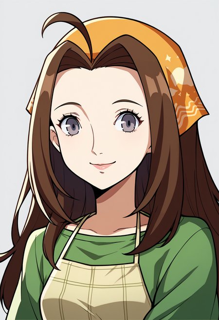 score_9, score_8_up, score_7_up, source_anime, BREAK, solo, 1girl, smile, looking at viewer,  <lora:P5-Portraits-pdxl_Fp:1>, simple background, portrait, <lora:Celia-pdxl_Fp:1>, celiahm, brown hair, grey eyes, ahoge, long hair, bandana, green shirt, apron, skirt,