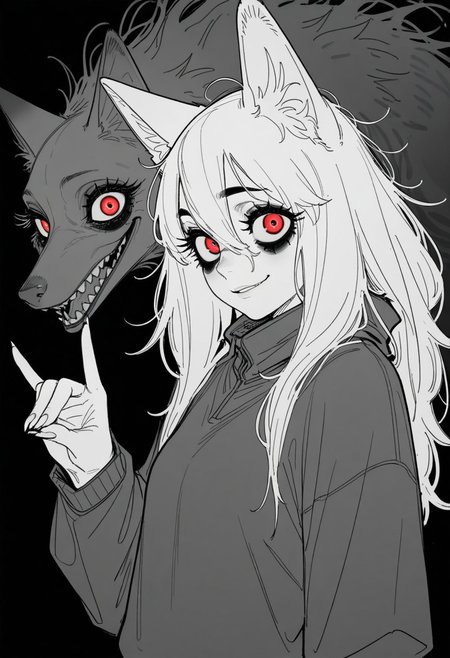 tfaix
bags under eyes, big eyes,  (black eyeshadow:0.8), thick eyelashes, 
monochrome, greyscale, 
upper body, fox shadow puppet, furry, fur, fur covered, from side, sideways glance, from side, looking at viewer, smirk, glowing red eyes, monster, claws,
masterpiece, best quality, amazing quality,
sketch, unfinished, messy lineart, 
horror \(theme\), 
(in style of fujimoto tatsuki \(style\),:1.2) (norakura \(nr kura\):1.2),