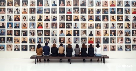 Creative photography,  a group of people gathered in front of a wall adorned with numerous photographs. The individuals are seated on a bench, their faces blurred to preserve their anonymity. The background is a stark white, providing contrast and highlighting the subjects. The lighting appears natural, casting soft shadows that add depth and dimension to the scene. The perspective suggests an overhead view, giving a sense of scale and grandeur to the gathering. The photographs on the wall are diverse in size and shape, creating a mosaic-like effect., innovative and creative artistic photography, with effects and perspective, colors, and creative and artistic dynamism