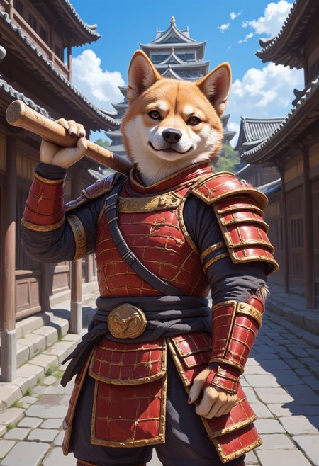 anthr0dnd, The image is a digital painting in a fantasy art style, depicting an anthropomorphic doge dressed in samurai armor, holding a baseball bat over its shoulder, standing on a stone street in front of a traditional Japanese castle. The anthro shiba inu, with relaxed and confident expression, wears red and gold armor. It is a beautiful summer day and the blue sky is clear. The courageous and virtuous doge is a protector of the innocent.  mysterious, atmospheric, vibrant, high contrast of shadow and light, portrait, anime style oil painting