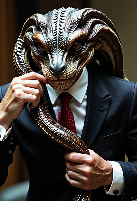 A high quality photograph of a snake in a business suit adjusting its tie, rptlsknCE style. It is wearing glasses. <lora:Hyper-FLUX.1-dev-16steps-lora:0.15> <lora:Challenge_Winnifier_ENTERPRISE_EDITION_epoch_5:0> <lora:NewFantasyCoreV3_-_FLUX:1> <lora:ReptileSkin01_CE_FLUX_AIT:1>