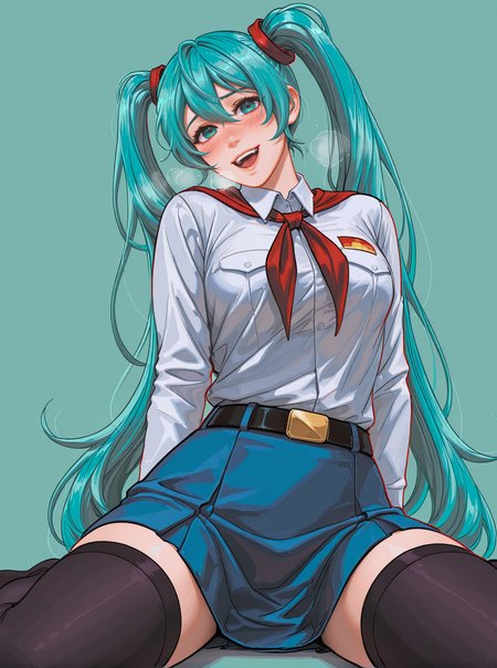 1girl, solo,n0riuma_illu, artist:Sakimichan:0.2, artist:Sciamano240:0.3, by j.k:0.6, by hoshi san 3:0.1, miku_es, aqua hair, aqua eyes, twintails, 1girl, solo, looking at viewer, wariza, aqua background, simple background, looking at viewer, smile, sitting, white collared shirt, narrow thighs,  red neckerchief, blue skirt, belt, leaning back, open mouth, heavy breathing, black thighhighs, shy, blush, low angle, dynamic composition,dutch angle, depth of field, cyan theme,detailed backgroud,foreshortening,blurry edges, soft lighting, intricate details , depth of field, foreshortening,(masterpiece, best quality), safe, amazing quality, very aesthetic, absurdres, highres, newest, <lora:n0riuma_style:1>, <lora:Miku_ES_IL_v1:0.7>