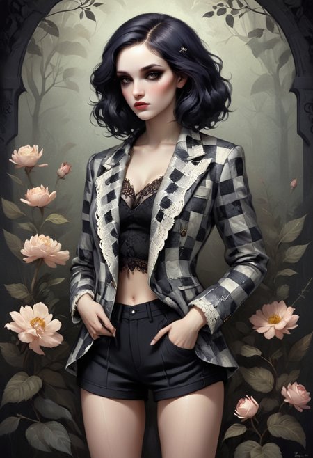 Snake, Tom Bagshaw, checkered jacket and black shorts, cute feminine features, contrasts warm and cool color tones, combining fantasy with a botanical theme, bold lines, Lace, Damask, creating a luxurious and stylish feel, mysterious, portrays a serene  <lora:artfully_CONTRA:0.6>
