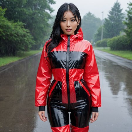 medium body shot of one asian women wearing a ((satin)) black and red  ((latex transparent see-through pvc raincoat)) jacket downsuit puffer_downsuit , hyperdetailed photography,4k textures,intricate details,4k resolution, raining wetlook scene
 <lora:puffer_downsuit_v1:0.4>