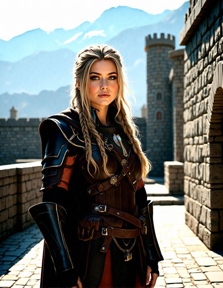 Extreme photorealistic depiction of a beautiful female warrior, long blonde braided hair, looking at viewer,  realistic detailed skin texture, intricate leather armor, high-resolution, cinematic lighting, sharp focus, ultra-realistic, extreme realism, 8k, very detailed, high quality.

A secretive fortress built into the side of a mountain, with narrow paths leading to the entrance. The walls are made of dark stone, and the fortress is heavily fortified with watchtowers and archers’ slits. The air is crisp and cold, with snow-capped peaks in the background.Soft, flickering light from torches, casting warm, uneven light and deep shadows on stone walls.A warm, amber light from a setting sun, casting long, dramatic shadows across the scene.Natural light illuminating an open courtyard, with deep shadows cast by the tall surrounding walls.

The female warrior Standing with her Hands on hips, chin slightly lifted.