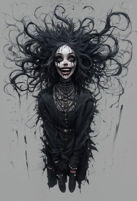 score_9, score_8_up, score_7_up, score_6_up, Dark Beauty, A scary girl, full body, alabaster skin, long crazy black hair, dark eyes, a dark and mysterious appearance, facial tattoos, gothic aura.