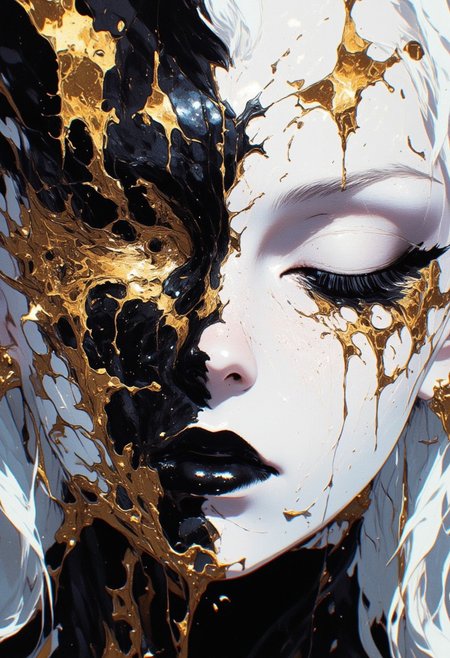 mythp0rt, anime, A close-up of face with a surreal. The skin is porcelain white, smooth and flawless, striking contrast. Black, liquid-like streaks flow organically across the face, forming intricate, vein-like patterns, while golden metallic accents outline. The gold appears molten, with drips and delicate shapes extending down the neck and shoulders.
The eyes are ((closed)), with dramatic black eyeshadow blending. The lips are glossy black, adding depth and intensity. The overall expression is calm, lighting is soft, with a subtle gradient background, emphasizing the high-gloss gold and black textures. The aesthetic luxurious, and artistic, surrealism and high fashion.