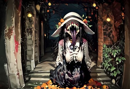 score_9, score_up_8, masterpiece, best quality, explicit, 
hasshaku-sama, mature woman, large woman, tall woman, sagging breast, enormous breast, long hair, black hair, horror (theme), collar bone, bony body, skinny, anorexic, fall season, trees, red yellow and orange leaves, falling leaves, night,  Expressiveh,  
 teeth, tongue, open mouth, horror, blood, (((stiches, scars))), black tongue, very long tongue, black tears, full body, tr1ck0rtr3at, holding, halloween bucket, doorway, street background, white bloodstained dress, white sunhat, covered breasts