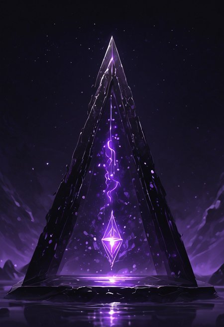 (masterpiece), best quality, Symphtia-Style, Anime, (Floating Pyramid, Dripping Liquid), Black Background, No Humans, Black and Purple Theme, (Ancient Runes, Glowing Runes), Symphtia-Style, Zyrnox-Exoterra Style