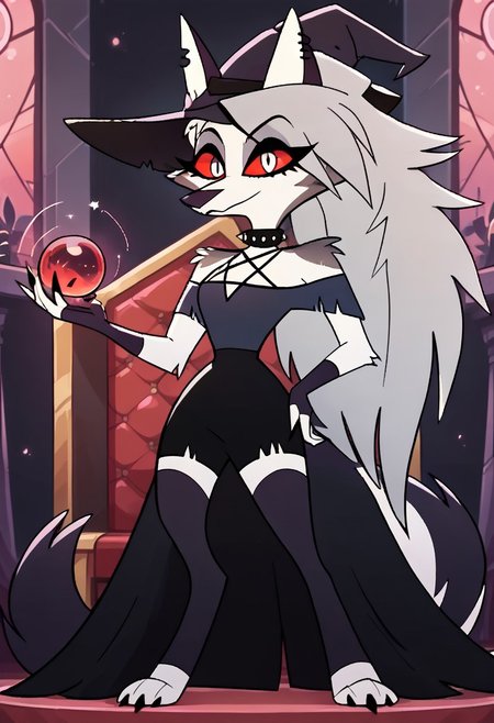 SCORE_9, SCORE_8_UP, SOURCE_FURRY, BREAK, SOLO, Loona \(Helluva Boss\), FEMALE, FURRY, WITCH DRESS, WITCH HAT, BREAK, ON CASTLE THRONE, HIGH RESOLUTION, VIVID TEXTURES, DETAILED PUPILS, holding a magical orb in hand, casting a magic spell