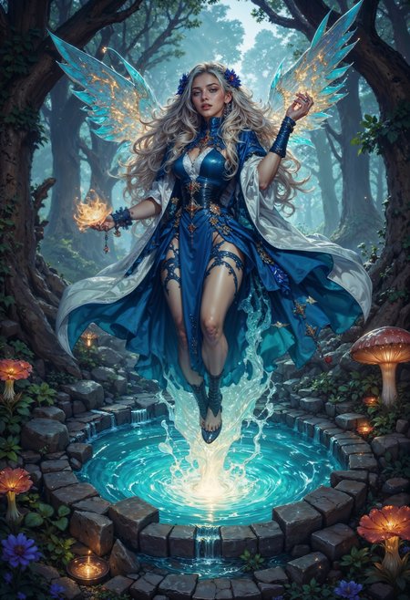 A captivating fae sorceress levitates above a glowing, enchanted pool in the heart of the Fae Realm. Her translucent, shimmering wings reflect the light of the surrounding magical flora. Her skin glows faintly with an otherworldly sheen, and her hair, a cascade of shifting colors, flows like liquid light. She wears a gown made of spider silk and dew drops, adorned with glowing runes and enchanted jewels. Her eyes are like galaxies, swirling with cosmic energy as she casts a spell that causes the water beneath her to rise in glowing, serpentine tendrils. Surrounding her are ancient, gnarled trees with glowing fungi, their bark etched with fae runes that pulse with magical energy.