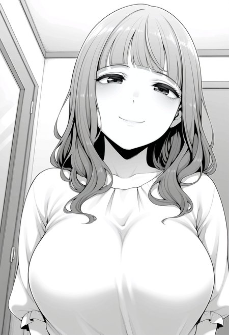 1girl,solo,mm,mature female,long hair,bangs,blunt bangs,large breasts,greyscale,monochrome,
shirt,upper body, looking at viewer,smile,indoors
,masterpiece,best quality,amazing quality,<lora:Dousei_Kanojo_to_Asa_made_Tsuyudaku_Hametaoshi:0.8>