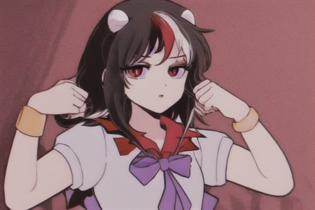 masterpiece, best quality, 1girl, solo, solo focus, (((kijin seija))), (horns), red eyes, multicolored hair, (black hair), streaked hair, short hair, (red hair), white hair, dress, bow, jewelry, bracelet, white dress, blue bow, puffy short sleeves, puffy sleeves, bowtie, blue bowtie, short sleeves, arrow \(symbol\), white shirt, blue sash, purple bowtie, purple bow, buttons, ribbon trim, multicolored clothes, sash, sailor collar, red sailor collar, petite, skinny, flat chest, <lora:seijaKijin_seijaKijin:1>, <lora:90sAnimeAesthetic_v10:1>,