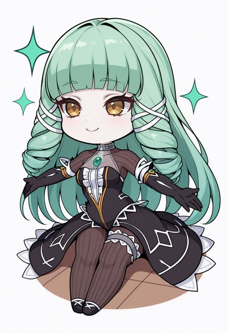 masterpiece, best quality, 1girl, solo, Emeraude, yellow eyes, green hair, long hair, drill sidelocks, white tress ribbon, halterneck, see-through collarbone, chest jewel, black dress, sleeveless dress, center frills, vertical-striped bodystocking, black elbow gloves, showgirl skirt, leg garter, lineart, sitting, on floor, smile, sparkles, spread arms, chibi, meme, thick lines, simple background, white background, <lora:ChamEmeraudeNoob:1>