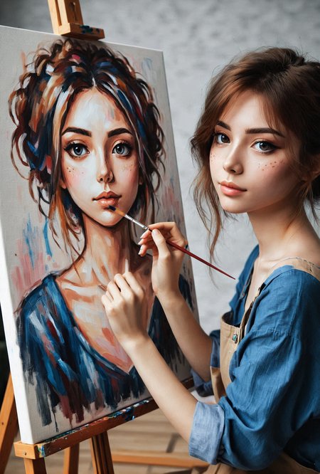 photo of a woman painting an anime style self-portrait, canvas, 1girl, <lora:paintingselfportrait:0.7>