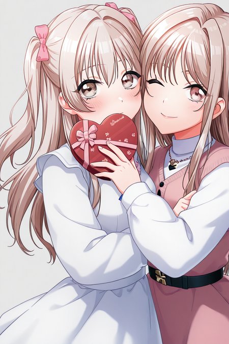 masterpiece, best quality, amazing quality,
2girls, multiple girls, hug, pretty, looking at viewer, brown eyes, blush, simple background, heart shape box, ADDCOMM 
 <lora:KokoaIL_r1:1> kokoa, 2girls, multiple girls, two side up, white dress, ADDCOL 
 <lora:HayateIL:1> hayate, long hair, white dress, wink, 2girls, multiple girls, holdind, heart shape box,