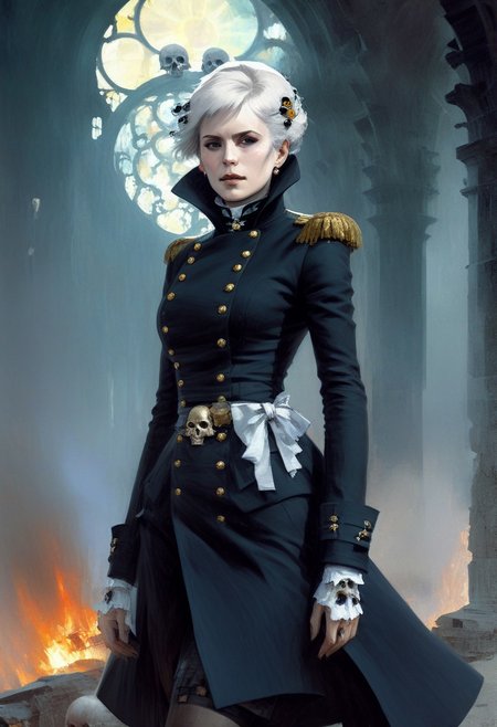 imperial captain, beautiful face, black long coat decorated with gold skulls, short white hair, in a gothic ruins, grimdark,  famous artwork (by john berkey:1.2), ((((fractal art)))), (masterpiece:1.2), (epic composition:1.4), (talent:1.2), , digital painting by Ilya Kuvshinov with painterly brush strokes, close up, dramatic angle, ruin on fire in the background