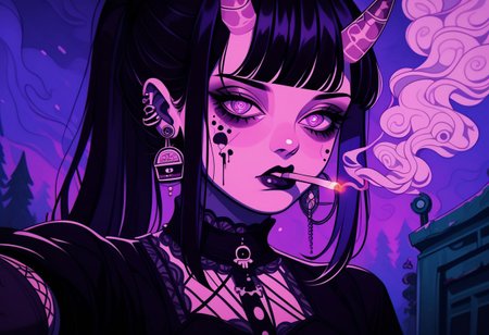 score_9, score_8_up, score_7_up, score_6_up,1girl
hinata hyuga,  black hair, long hair, fringe cut, ponytail hairstyle, purple eyes, soni horn, link horns,
pastel paint, vamp style, taking a selfie, detailed, near to the sea, up a bridge, goth clothes, goth dress, cross earrings, fangs, jewel eyes,cold tones,
goth core, vamp goth, goth style, black dress, lollita dress, smoking a cigarette, cigarette in mouth, melting, vapor, smoke, glitch, horror (theme), glowing, zPDXL2, smoke from eyes, red smoke, horror in the smoke, evil faces, horror,
 standing,  detailed eyes, beautyfull face, 
outdoor,