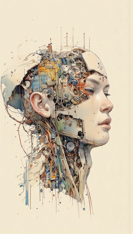 cyborgheadv2 a watercolor painting of a cyborg woman, her head tilted back and her eyes closed <lora:Watercolor_painting_v2:1.4> <lora:CPA:1> <lora:cyborgheadv2:1.1>