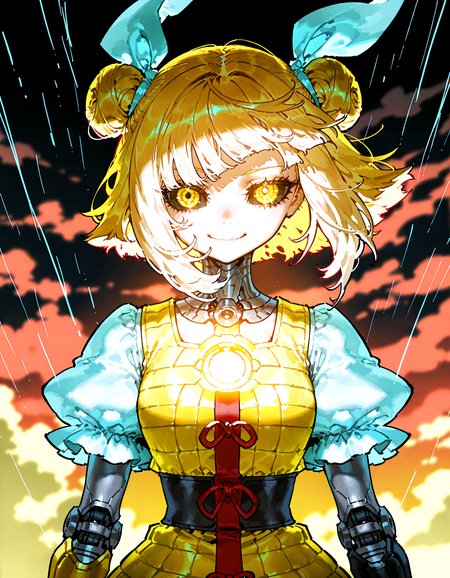 optical illusion,ssambatea, quasarcake, Fishine,piaki, pochincoff:1.2 ,  joutouguu_mayumi, absurdres, highres ,1girl ,solo, blonde_hair, blurry, blurry_background ,closed_mouth, cloud ,dark_clouds, depth_of_field,dress, hair_ribbon ,looking_at_viewer , puffy_short_sleeves, puffy_sleeves ,rain ,ribbon ,shirt ,short_hair ,short_sleeves, ,white_ribbon, white_shirt ,yellow_dress ,yellow_eyes,mechanical_arms,,robot_girl, robot_joints, metal skin, robot body, yellow skin,mechanical_eye ,black_sclera ,colored_skin ,smile,mechanical body,android,no_humans,mechanical_hair,mechanical_jaw,
<lora:illustrious_noobai_epsilon_pred_1_best_quality_v1:0.5> ,<lora:illustrious_noobai_epsilon_pred_1_masterpieces_v1:0.5>, <lora:ponyv4_noob1_2_adamW:0.5>, <lora:touhou_146:0.4>,