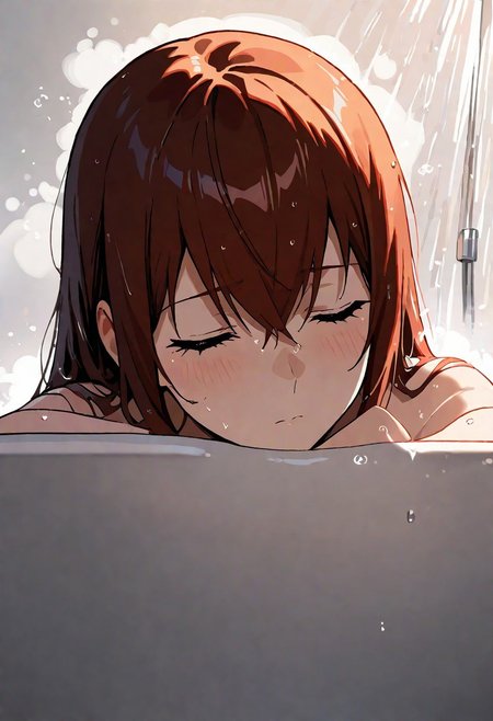 masterpiece, best quality, newest, absurdres, highres, safe, 
very awa, 1girl, makise kurisu, shower, eyes closed, mouth closed