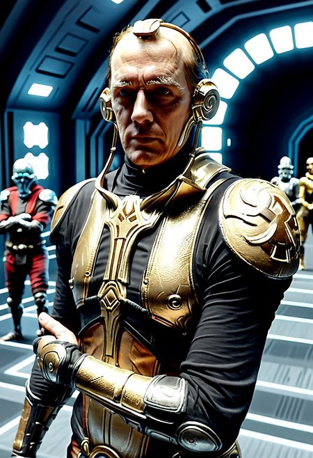 Corpus crewman in a spaceship corridor, science fiction, star wars, dramatic shot, , athletic build,
realistic texture, realism, best quality, 
Dax, dax armor, male dax armor, bishamo armor, male bishamo armor, man, gold dax armor, Wearing dax male helmet, dax male helmet,  gold armor. Arms crossed,