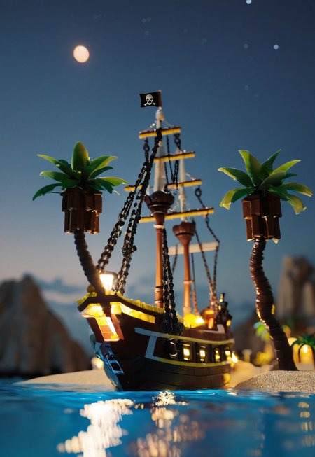 tiny pirate ship at bay in an island at night with palm trees  <lora:novuschroma53 style:1> novuschroma53 style