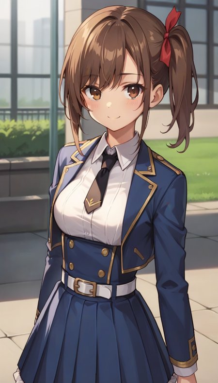 score_9,score_8_up,score_7_up,score_6_up BREAK official art,1girl,solo,outdoors,upper body,(portrait:1.5),looking at viewer,facing viewer,smile,blush,Fenris Squadmate 2,long hair,brown hair,side ponytail,hair ribbon,red ribbon,sidelocks,bangs,brown eyes,blue jacket,cropped jacket,open jacket,wing collar,black necktie,white shirt,collared shirt,dress shirt,long sleeves,medium breasts,double-breasted,white belt,blue skirt,high-waist skirt,pleated skirt,frilled skirt,brown pantyhose,loafers,black footwear,<lora:Fenris Squadmate 2(sgmt)-Pony:0.9>,