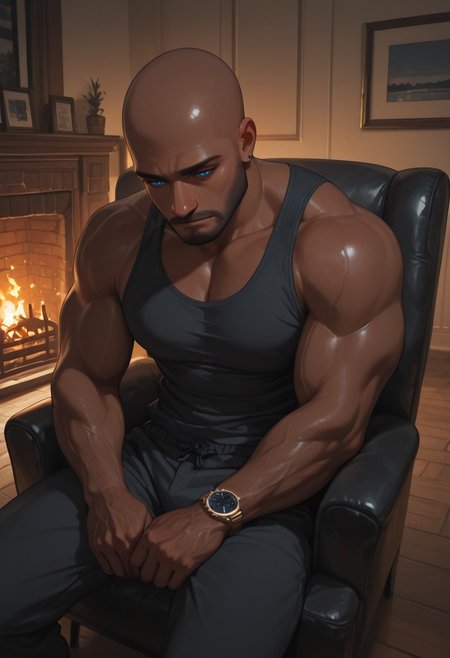masterpiece, best quality, amazing quality, absurdres, newest, detailed background, definition so sharp, Ultra-HD, 8K cinematic, very awa, impressionate, amazing quality, highres, 
1boy, mbti_estj, muscular man, mature man, bald, dark skin, facial hair, blue eyes, watch, solo, fireplace, warm glow, cozy atmosphere, relaxed, sitting, comfortable chair, contemplation, soft shadows, warm tones, inviting, tranquil, home interior, high quality, aesthetic
