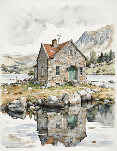 Inkquaria. A watercolor painting of a serene scene featuring a stone cottage with a green door and a red tiled roof situated on the shore of a calm lake, surrounded by rolling hills and a distant mountain range. the cottage has several windows and a small wooden door, and there are two small wooden boats moored beside it. the lake is still and calm, reflecting the surrounding landscape, with rocks and trees scattered along the shore. the sky is overcast, and the overall atmosphere is peaceful and idyllic. in the bottom left corner of the image, a signature is visible, adding a personal touch to the artwork.