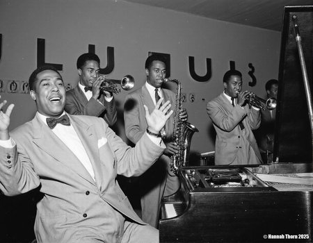 The picture is a black and white photograph of a jazz band performing on a stage.  The image is sharply focused, capturing the energy and emotion of the musicians.  The style is reminiscent of classic mid-20th century jazz photography, likely taken sometime between the 1940s and 1960s.  The band is composed of at least five musicians:  * A pianist is prominently featured in the foreground, seated at a grand piano, his mouth open in joyous expression, his hands raised as if in the midst of a lively performance. He's wearing a formal jacket with a bow tie.  * To the left, a trumpeter stands, playing his instrument with concentration.  * To the right of the pianist, a saxophonist plays a tenor saxophone. He's dressed in a suit and bow tie, maintaining a focused expression.  * Slightly behind and to the right of the saxophonist, a trombonist is playing.  * At the far right, a double bassist is seen playing his instrument, contributing to the rich texture of the music.  Above the band, a sign reading "CLUB OASIS" is visible, indicating the venue where the photograph was taken.  The background is dimly lit, drawing focus to the musicians. The lighting is characteristic of performance photography of that era, creating subtle shadows and highlights that enhance the mood and texture of the scene.  The overall style is candid yet formal, capturing both the excitement of a live performance and the refined elegance of the musicians' attire. The monochrome palette adds a timeless quality, contributing to the image's nostalgic feel. The slightly grainy texture is also consistent with the photographic techniques of the time. <lora:_Flux\Vintage_Jazz-Club.safetensors:1.0:1.0>