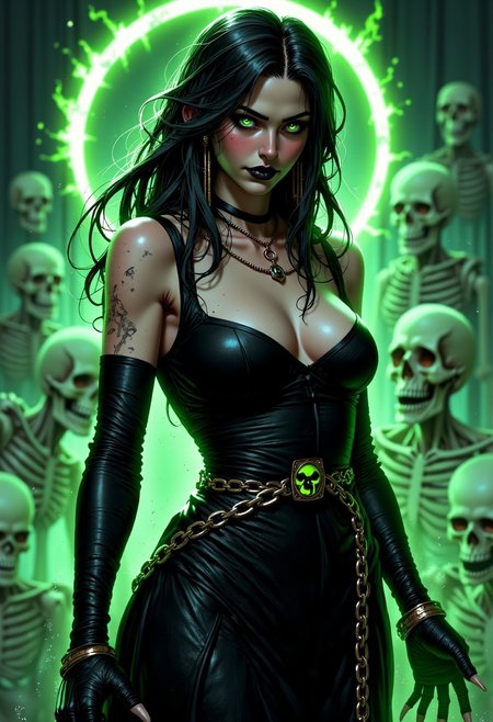 (Solo female with ghostly pale skin : 1.5), (Black hair : 1.5), (Wearing a black evening dress  : 1.5), (Pale Green Eyes : 1.5), (Green Aura : 1.5), (Score_10 : 1.5), Score_9, Score_8, Score_7, (claws : 1.5), (chain belt : 1.5), skeletons in background, mythp0rt, green magic on hands, black mascara, black lipstick, (vertical slit pupils : 1.7), black opera gloves, thigh high black stockings