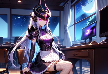 score_9_up, score_8_up, score_7_up, source_Syndra, sitting on a chair, (short maid dress, sexy maid dress, fishnet thight stockings), masterpiece, perfectly detailed, detailed face, detailed background, 1girl, BREAK, glowing white hair,
window, monitor, night view, night, stars, glitter, sparkles, mist, dramatic lighting, glowing eyes, purple eyes, full moon, long white hair, monitor on the desk, syndra head piece