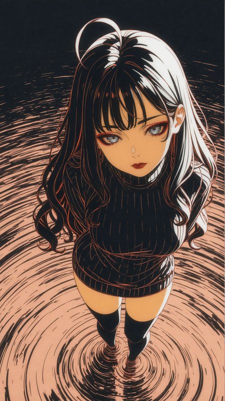 1girl, ((lineart, color trace)), <lora:add-detail-xl:1>,
masterpiece,best quality, incredibly absurdes,
long hair, black hair, wavy hair, choppy bangs, black eyebrows, detailed eyes, grey eyes, dark red eyeshadow, fading eyeshadow, dark red lips, closed moouth, hair behind ear, ahoge, turtleneck sweater, black sweater, long sweater, bare thighs, black thighhighs,
standing in shallow water, hands behind back, water ripples around her feet, reflective water, subtle reflections, moody lighting, deep shadows, cinematic composition, dark fantasy aesthetic, dramatic,
from above, looking at viewer, high-angle perspective,