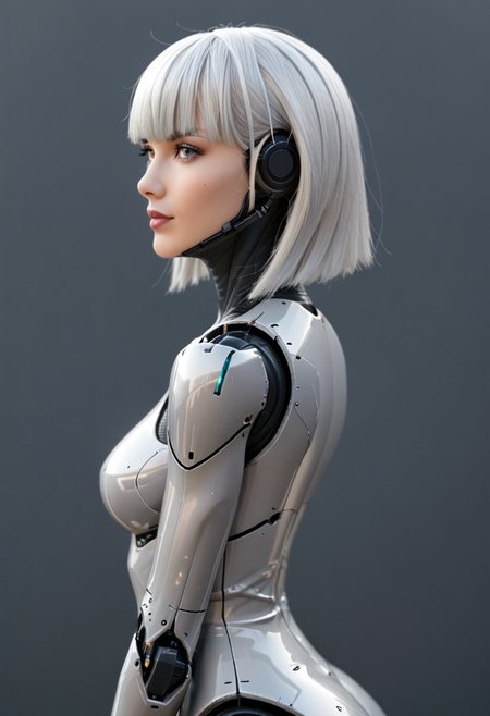 A 35mm photo of a beautiful robotic woman, she has a faceless robotic head, robot, silver hair, silver mesh bodysuit, robotic joints
