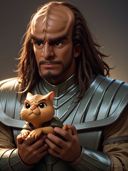holding a cute kitten <lora:Klingon_v2_pony:1> score_9,score_8_up,score_7_up,score_6_up,score_5_up,score_4_up , 1man, kling0n alien, large forehead ridges, brown skin, large eyebrows, wearing warrior armor,