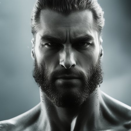 GigaChad, square jaw, hasselblad, vikingpunk, bokeh, hyperrealistic, dramatic lighting, art by photohelper
