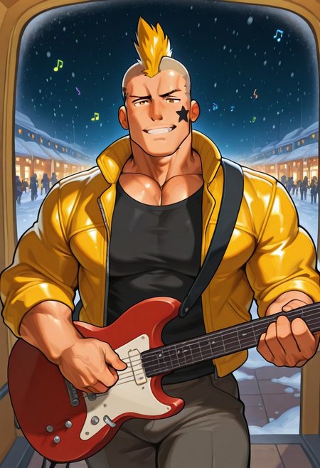 mbtiesfp, 1boy, blonde, short hair, black star on face,, yellow jacket, black shirt, looking at viewer, smirk, grin, happy, brawlStars, in the amusement park, pants, portrait, half body, upper body, amber eyes, shaved mohawk, source_cartoon, vector art, 2d, bara, manly, muscular, 3/4 view, night sky, aurora in the sky, snow, playing guitar, {{holding red electric guitar}}, in the concert, ((floating colorful muscial notes:1.5)), snowstorm,  left view, Pec focus, left view, warm lighting, with people walking background, Ru1ss, w0lfc0nf, {{colorful glowing musical notes}}