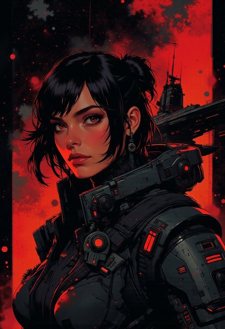 In the style of ff-td, nistyle, Silhouette Art, magnificent, inksplash, double exposure, crisp lines, Capital spaceship cruiser (crimson and black), below closeup portrait of stunning sci-fi space pirate, dark loose hair, power armour, directional lighting, dark background,