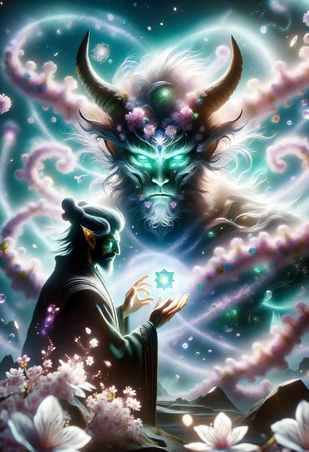 DonMS4kur4XL, sakura blossoms, female male  demon, malevolent supernatural being, evil, chaos, infernal, powerful entity, corrupt,harm full, fantasy, middle-aged, hourglass, indigenous peoples of the america, emerald eyes, attached ears, angular nose,  angular jaw, smooth cheeks,  heart face shape with pointed chin,     , brown space buns hair, contentment, transcribing ancient runes onto sacred surfaces, charging them with magic,      technomancer, nanotechnology manipulation, spacepunk , holding a crystal for heightened intuition, seeking inner guidance, halo   <lora:myLora\DonMS4kur4XL-000006:0.8><lora:released\DonM3t3rn1tyXL-v1.1-000008:.6><lora:released\DonMM4g1cXL_v1.2:.6>