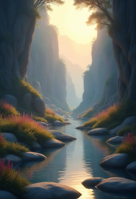 A serene fantasy landscape with intricate detail, soft lighting casting a warm glow over rolling hills and dense forests. The mood is peaceful yet magical, from a low-perspective angle that emphasizes vastness and wonder. The setting includes crystal-clear streams and vibrant wildflowers. Textures like smooth stone, detailed plant life, and reflective water surfaces add depth. Genres blend seamlessly into the scene's natural beauty. This prompt ensures a balance of detail and creativity to bring the image to life.