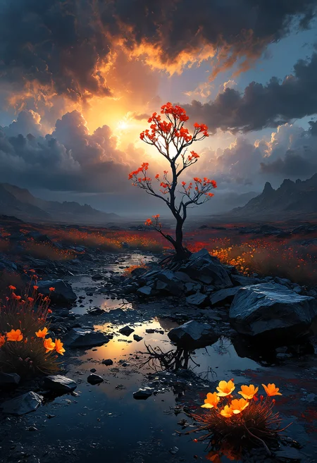concept art Amidst a dark and desolate wasteland, where the ground is cracked and barren and the sky is perpetually covered with stormy clouds, a palpable aura of sadness and despair envelops the land. However, in this sea of darkness, a single bright light shines, emanating from a group of glowing flowers that have managed to take root in the inhospitable terrain. These flowers, with their soft, pulsing light, create a small but significant beacon of hope. Above them hovers a creature of light, a mystical being with a radiant form and a soothing presence, its glow providing comfort and a reminder that even in the darkest times, hope and beauty can still be found<lora:add-detail-xl:1> <lora:MJ52:0.5>  <lora:sss:0.5> <lora:zavy-flrscnc-sdxl:0.3>, impasto painting art style, thick and textured brushwork, vibrant colors, tactile quality, expressive strokes, dynamic compositions, bold contrasts, dramatic lighting effects, immersive texture, professional-grade finish, adds depth and dimension, creates visual interest . digital artwork, illustrative, painterly, matte painting, highly detailed