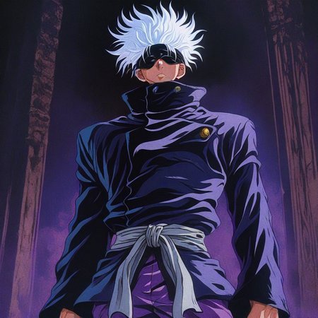 dark_fantasy_style, retro, 1boy, solo, alone, gojou satoru, white hair, purple pants, high collar, blindfold, covered eyes, black blindfold, purple jacket, purple pants, masterpiece, highres