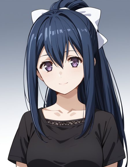 score_9, score_8_up, score_7_up, source_anime, BREAK
1girl, solo, looking at viewer, gradient background, upper body, light smile,
neko kuroha, blue hair, long hair, hair between eyes, sidelocks, purple eyes, ponytail, white bow,
casual outfit 2, collarbone, black shirt, short sleeves,
<lora:neko_kuroha_anime-soralz:1>