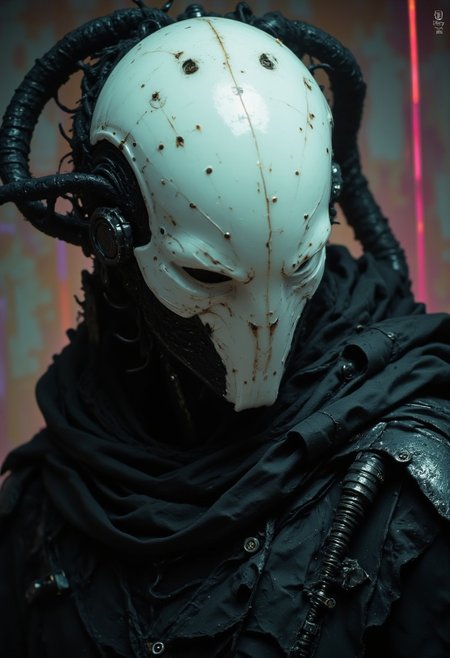 A monochrome Vintage Closeup Portrait of the helmet depicting a imposing, Pristine White Sci-fi knight,. intricate Closeup of His perfect designed translucent helmet and armor, The cloak is draped over a black, with exposed wires and mechanical parts visible at her shoulders and arms.. The figure's arms are covered in long, dark, sinuous tendrils that resemble tentacles, emerging from its back and wrapping around its arms, adding a menacing, alien quality. These tendrils are covered in small, metallic hooks and are attached to the figure's back, creating a chaotic, almost monstrous appearance. Her helmet is a futuristic, with multiple lines suggesting motion or energy discharges. miscujo, bleaked neon pink, Green, blue, orange atmospheric neon lighting,