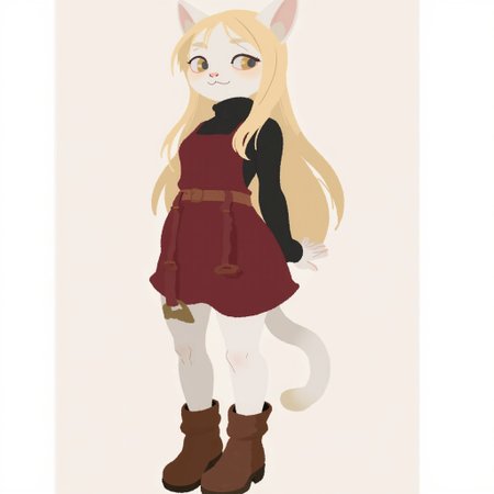 an anthropomorphic catgirl with long middle parted blonde hair and creamy white fur and ears wearing a black turtleneck and a burgundy dress with brown boots